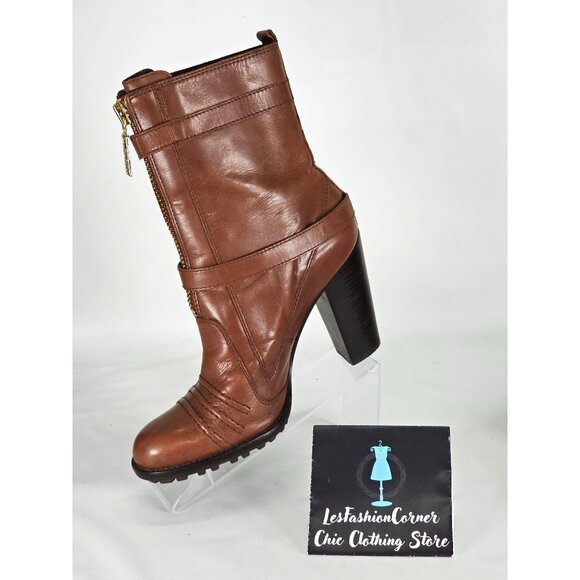 Michael Kors Women's Brown Leather High Heel Mid Calf Boots  Size 10W 302 - Picture 14 of 15